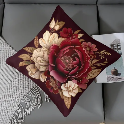 Miniatura 6 de Fundas de cojín de satén elegantes, decorativas florales burdeos, suaves y lujosas, elegantes fundas de almohada de terciopelo floral para sofá