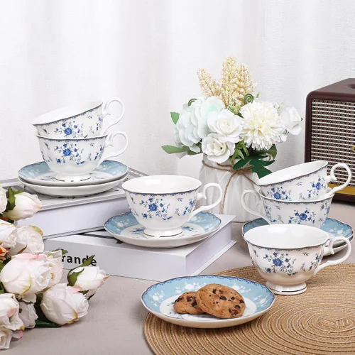 Miniatura 5 de fanquare - Juego de 6 tazas de té de rosa azul de 5 onzas, tazas de café de porcelana con borde dorado para fiesta en casa, tazas y platillos