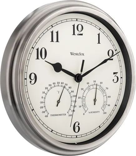 Miniatura 5 de Westclox Reloj de pared para interiores y exteriores con medidores de temperatura y humedad, resistente a la intemperie, precisión de cuarzo, Plata