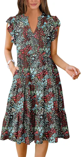 Miniatura 18 de ANRABESS Vestido de verano para mujer, manga con volantes, cuello en V, vestido midi a la moda, casual, holgado, escalonado, bohemio, playa