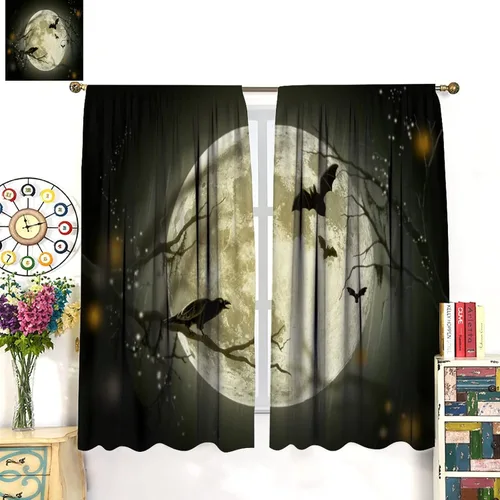 Miniatura 3 de Cortinas de luna llena de Halloween, gótica, noche de Halloween, estampado de murciélago negro, cuervo, tratamiento de ventana para el hogar, niños