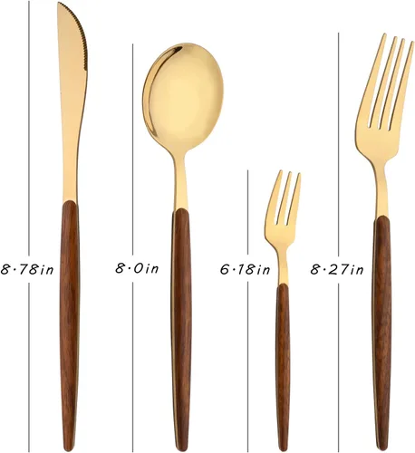 Miniatura 2 de Juego de cubiertos de 16 piezas con tenedor de pastel, juego de cubiertos de acero inoxidable dorado, juego de utensilios de comer con mango
