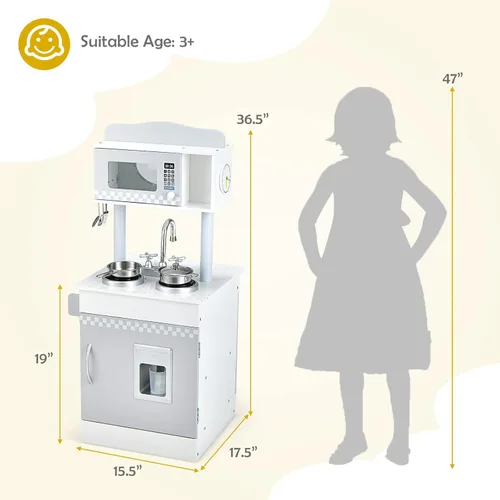 Miniatura 7 de HONEY JOY Juego de cocina para niños, cocina de doble cara para niños pequeños, horno y fregadero, dispensador de cubitos de hielo, utensilios
