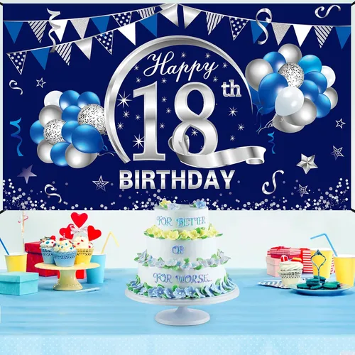 Miniatura 4 de Cartel de cumpleaños número 18 azul y plateado para hombres y niños, suministros de fiesta de telón de fondo de feliz cumpleaños de 18 años, póster