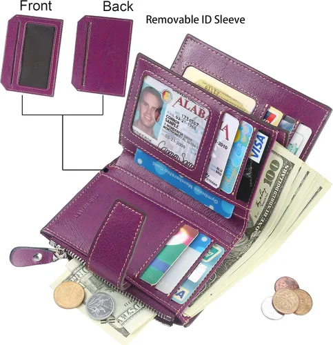 Miniatura 2 de Lavemi Pequeña cartera compacta para mujer, con bloqueo RFID, de piel auténtica, plegable, con ventanas de identificación