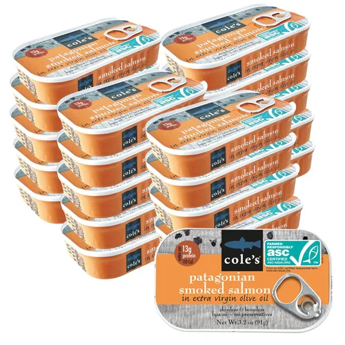 Miniatura 10 de Cole's Filete de Salmón Ahumado Patagónico con Limón y Eneldo en Aceite de Oliva Extra Virgen 3.2 oz Envasado a Mano Salmón Ahumado Enlatado 13g