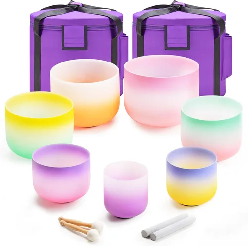 440HZ Juego de 7 PCS Cuencos Cantores de Cristal de Cuarzo Esmerilado de Color de 6"-12" Curación de Sonido con Mazo de Cuenco de Sonido Palillo de
