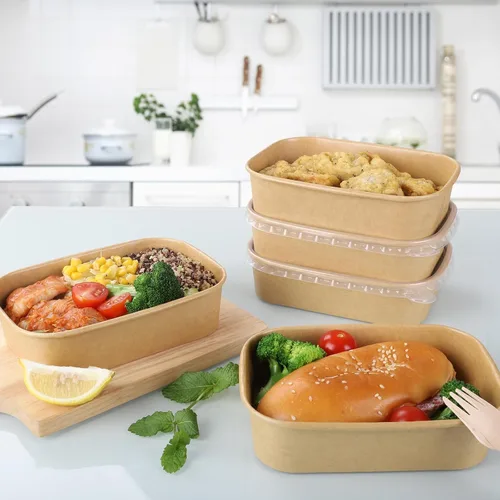 Miniatura 5 de 50 juegos de tazones de papel kraft desechables de 17 oz con tapas, recipientes de papel para alimentos rectangulares con tapas, ensaladeras