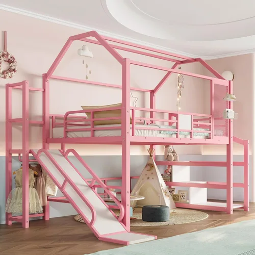 Miniatura 14 de Bellemave Cama Loft de Metal Tipo Casa Tamaño Twin con Tobogán y Escaleras, Marco de Cama Loft Casa de Juegos de Servicio Pesado con Estantes
