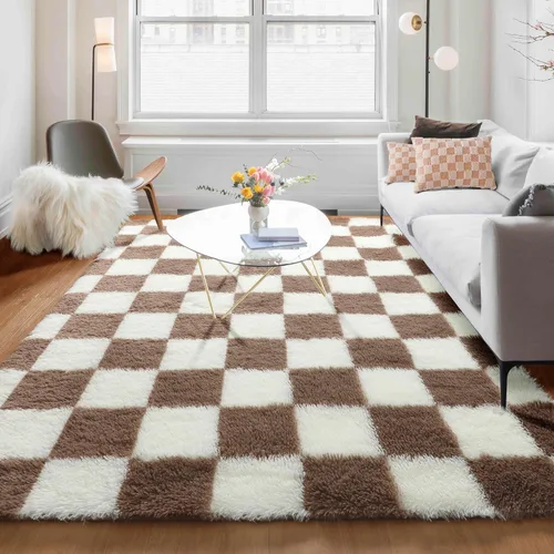 Miniatura 19 de KICMOR - Tapete a cuadros afelpado, peludo, mullido, color beige y blanco crema, pequeño, de 2 x 3 pies, para dormitorio, sala, junto a la cama