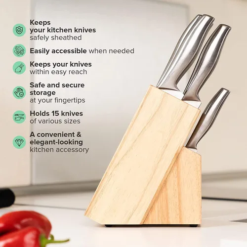 Miniatura 2 de Coninx Bloque de cuchillos de cocina de madera de goma, soporte para cuchillos de 15 ranuras, organizador de cuchillos de madera de calidad