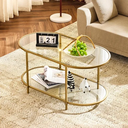 Miniatura 16 de VINGLI Mesa de Centro de Cristal, Mesa de Centro Redonda de 25.6" Dorado Champán para Sala de Estar, Mesa de Centro de Cristal de 2 Niveles con Oro