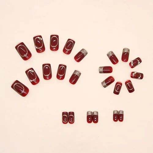 Miniatura 3 de Uñas postizas cuadradas de longitud media, uñas postizas acrílicas artificiales con diseños de diamantes de imitación de perlas rojas, juego de 24