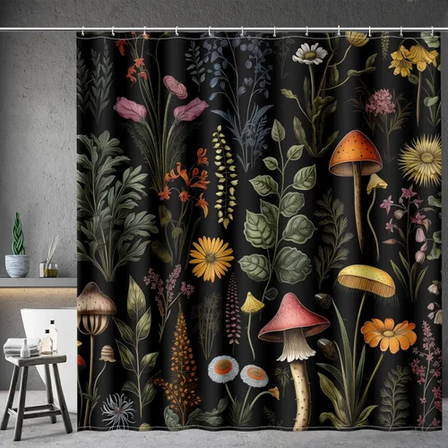 Miniatura 11 de Aimego Cortina de Ducha Pequeña para Cabina - Lindo Hongo Retro Boho Floral de los Años 70 Planta Funky Groovy Flores Hippie Estrecha Media Tela