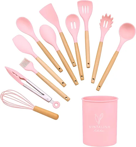 Miniatura 10 de Juego de utensilios de cocina de silicona, sin BPA, no tóxico, antiadherente, resistente al calor hasta 446 °F, asas de madera antiarañazos + Negro