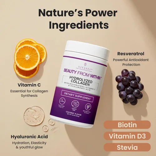 Miniatura 4 de VITASEI Polvo de péptidos de colágeno hidrolizados con resveratrol y vitamina C - Soporte para el cabello, la piel y las articulaciones - Colágeno