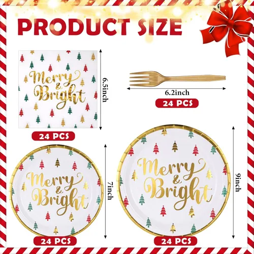 Miniatura 2 de Lounsweer 96 piezas de suministros para fiestas de Navidad, platos de papel y servilletas, juego de vajilla desechable, incluye platos de Navidad