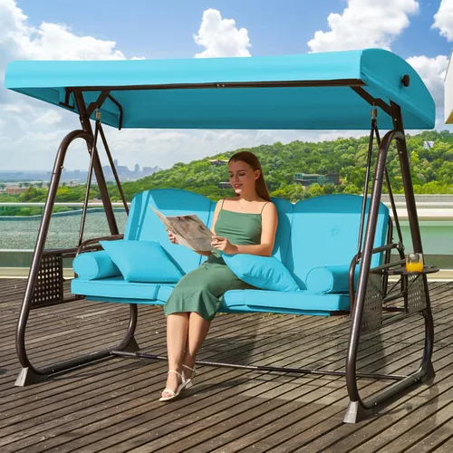 Miniatura 27 de Columpio de porche para exteriores 3 en 1 con toldo ajustable, columpio de 3 asientos para adultos, columpio de patio con cojines gruesos, almohadas