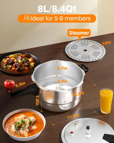 Miniatura 6 de WantJoin Olla a presión de aluminio de 8 cuartos con válvula de liberación y múltiples dispositivos de protección, envasadora a presión compatible