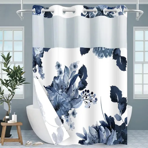 Miniatura 16 de Juego de cortina de ducha y forro sin gancho, cortinas de ducha florales negras para baño, juegos de cortinas de baño de hotel moderno con forro a