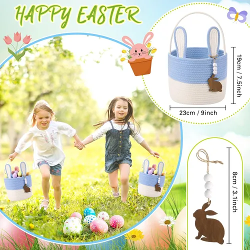 Miniatura 4 de SiliFine Cesta de Pascua para niños, cesta de conejo de Pascua con etiqueta de nombre, oreja de conejo desmontable, regalo tejido rústico para niñas