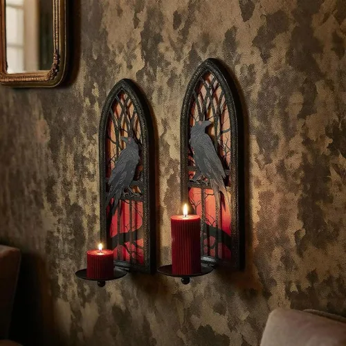 Miniatura 5 de Juego de 2 candelabros góticos de pared, diseño de cuervo de hierro forjado con bandejas extraíbles para velas cónicas y pilares, diseño medieval