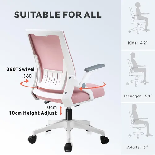 Miniatura 6 de COMHOMA Silla de oficina con reposabrazos abatibles, silla de escritorio ergonómica para computadora con soporte lumbar adaptable y malla Rosa