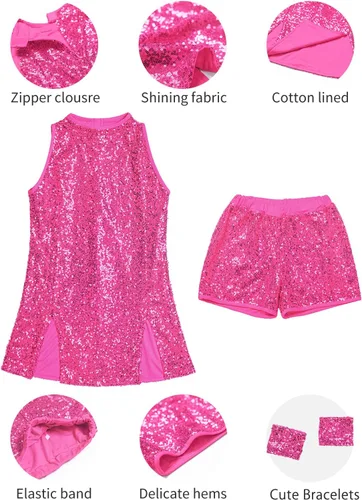 Miniatura 6 de LOLANTA Vestido de baile de lentejuelas para niñas de 4 a 12 años, traje de baile de hip hop, sin mangas y pantalones cortos
