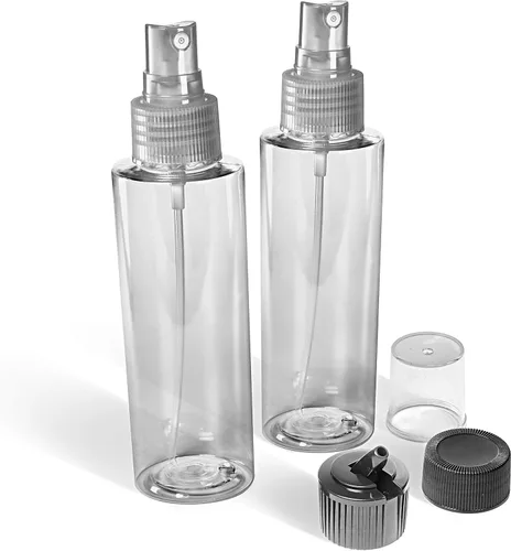 VViViD Botellas vacías de plástico transparente sin BPA de 4 onzas con tapa giratoria, tapa de pulverización de niebla y tapa de boquilla abatible