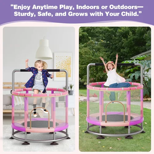 Miniatura 4 de Trampolín de 60 pulgadas para niños, trampolín para bebés y niños pequeños de fondo redondo antivuelco con aro de baloncesto, minitrampolín