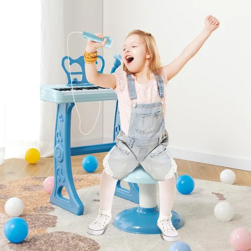 Miniatura 9 de HONEY JOY Piano para niños, piano de teclado azul de 37 teclas para niños con soporte de música y banco, piano de cola de bebé de juguete