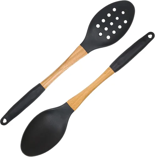 Miniatura 14 de Beille 5 utensilios de cocina de madera de nailon gris oscuro con cucharas de cocina, cucharón de sopa, cuchara espumadera y espátula, 13 pulgadas