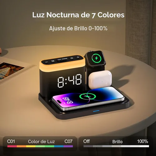 Miniatura 6 de ANJANK Estación de carga inalámbrica, soporte de cargador múltiple 5 en 1 con reloj despertador, 7 luces nocturnas, base de carga Mag-Safe