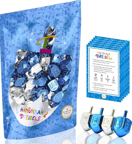 Miniatura 4 de The Dreidel Company Paquete de 10 Dreidels de Plástico Metálico Plateado y Azul de Hanukkah con Traducción al Inglés, Peonzas Incluye Tarjeta