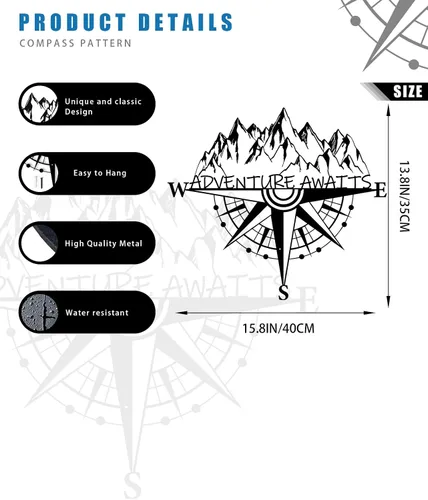 Miniatura 3 de Resama Brújula de Metal en Rosa para Decoración de Pared Aventuras por Todas Partes - Arte de Pared Náutica y Montaña para Colgar en la Sala