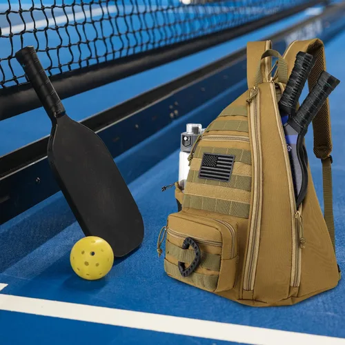 Miniatura 7 de Bandolera de pickleball SunForMorning, mochila táctica de pickleball para mujeres y hombres, bolsa de hombro ajustable con gancho para cerca y Marrón