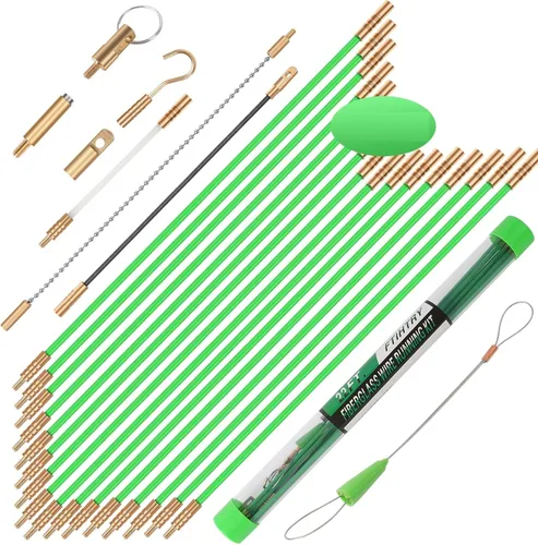 FTIHTRY Varillas Luminosas de Fibra de Vidrio de 45 Pies para Pasar Cable Eléctrico, Varillas de Pesca Kit Eléctrico con 8 Accesorios Diferentes y