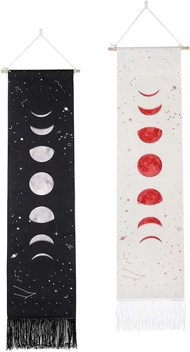 Miniatura 9 de Ochine Paquete de 2 tapices de fase lunar para colgar en la pared, tapices bohemios, fases blancas y negras, decoración del hogar para sala de estar