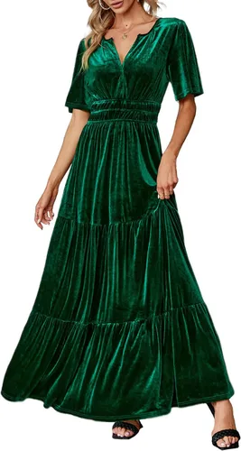 Amegoya Vestido largo de terciopelo de manga corta con cuello en V para mujer, vestido largo formal para invitados de boda, otoño, noche, fiesta