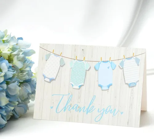Miniatura 3 de Pipilo Press Tarjetas de agradecimiento para baby shower con sobres y calcomanías para niño, diseño de tendedero azul de 6 x 4 pulgadas, paquete
