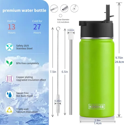 Miniatura 4 de koodee Botella de agua de 16 onzas, paquete de 2 botellas de agua aisladas de acero inoxidable con pajilla, botella de agua metálica reutilizable