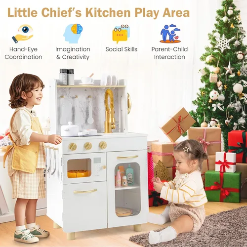 Miniatura 2 de INFANS Juego de cocina para niños, juego de cocina de madera para niños pequeños con estufa de teléfono, gabinete de almacenamiento de microondas