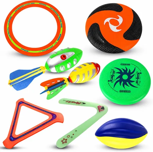 Juego combinado deportivo 8 en 1 – Los mejores juegos familiares al aire libre para patio trasero con fútbol de espuma, discos voladores, anillos