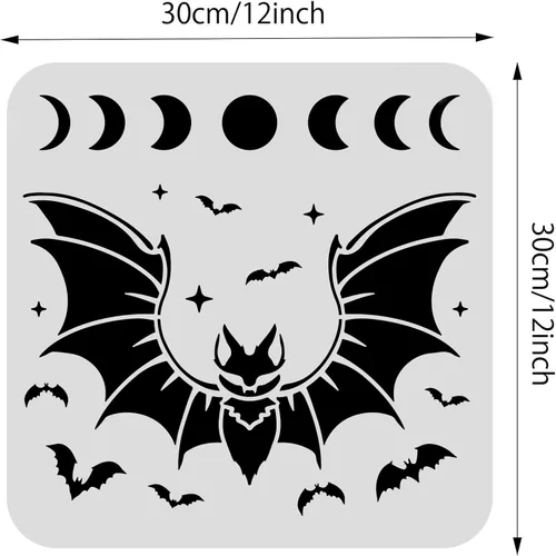 Miniatura 2 de BENECREAT Plantilla de pintura de recortes de plástico de murciélago de 12 x 12 pulgadas, patrón de fase lunar para decoración de Halloween