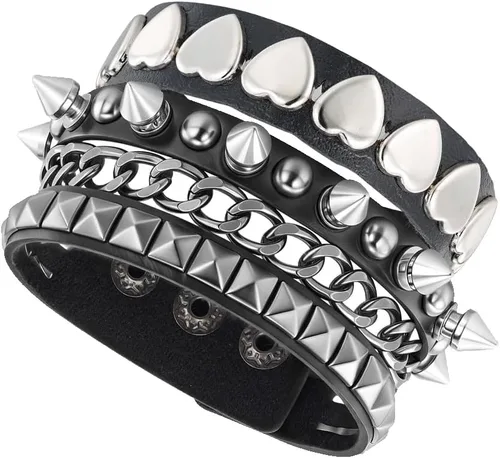 Miniatura 12 de Eigso Pulseras de cuero punk con tachuelas para hombres y mujeres, estilo clásico retro de los años 80, remaches, pulseras para hombre y mujer
