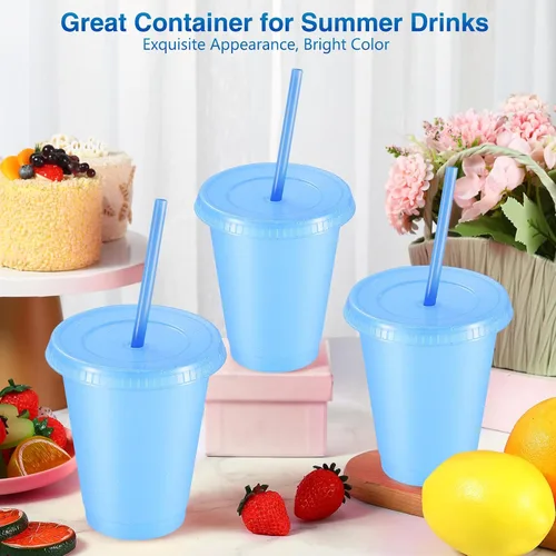 Miniatura 4 de Rtteri 15 vasos reutilizables con popotes y tapas, vasos de plástico con purpurina de 16 onzas, vasos de plástico para recuerdos de fiesta con Azul