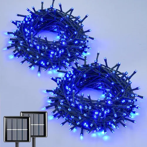 Miniatura 10 de QITONG Paquete de 2 luces solares azules y blancas de Navidad, cada cadena de 200 luces LED solares de 66 pies para exteriores, impermeable, 8 modos