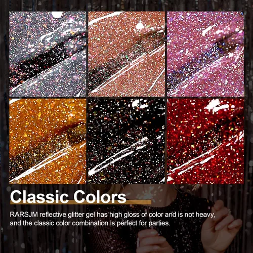 Miniatura 4 de RARJSM Juego de esmaltes de uñas de gel con purpurina reflectante, 6 colores brillantes plateados, champán, dorado, rosa, naranja, negro, rojo