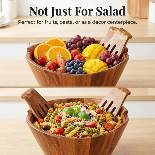 Miniatura 6 de Night Tree Ensaladera grande de madera con tenedores para servir, juego de ensaladera de madera para alimentos o frutas, utensilios magnéticos aptos