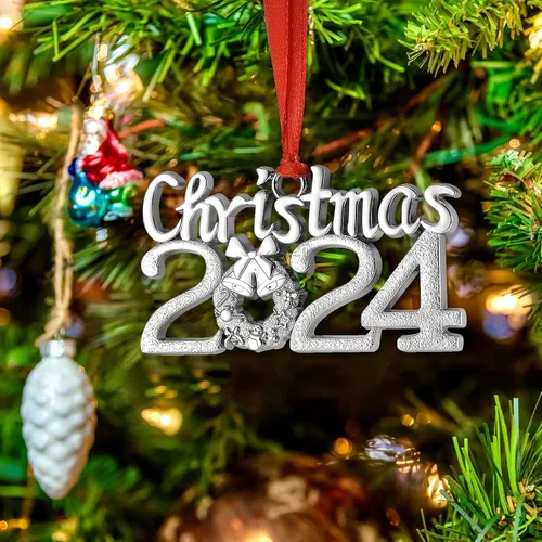 Miniatura 5 de Adorno de Navidad con fecha 2024, adorno anual plateado para árbol de Navidad con cinta para decoración de árbol de Navidad, colgante decorativo